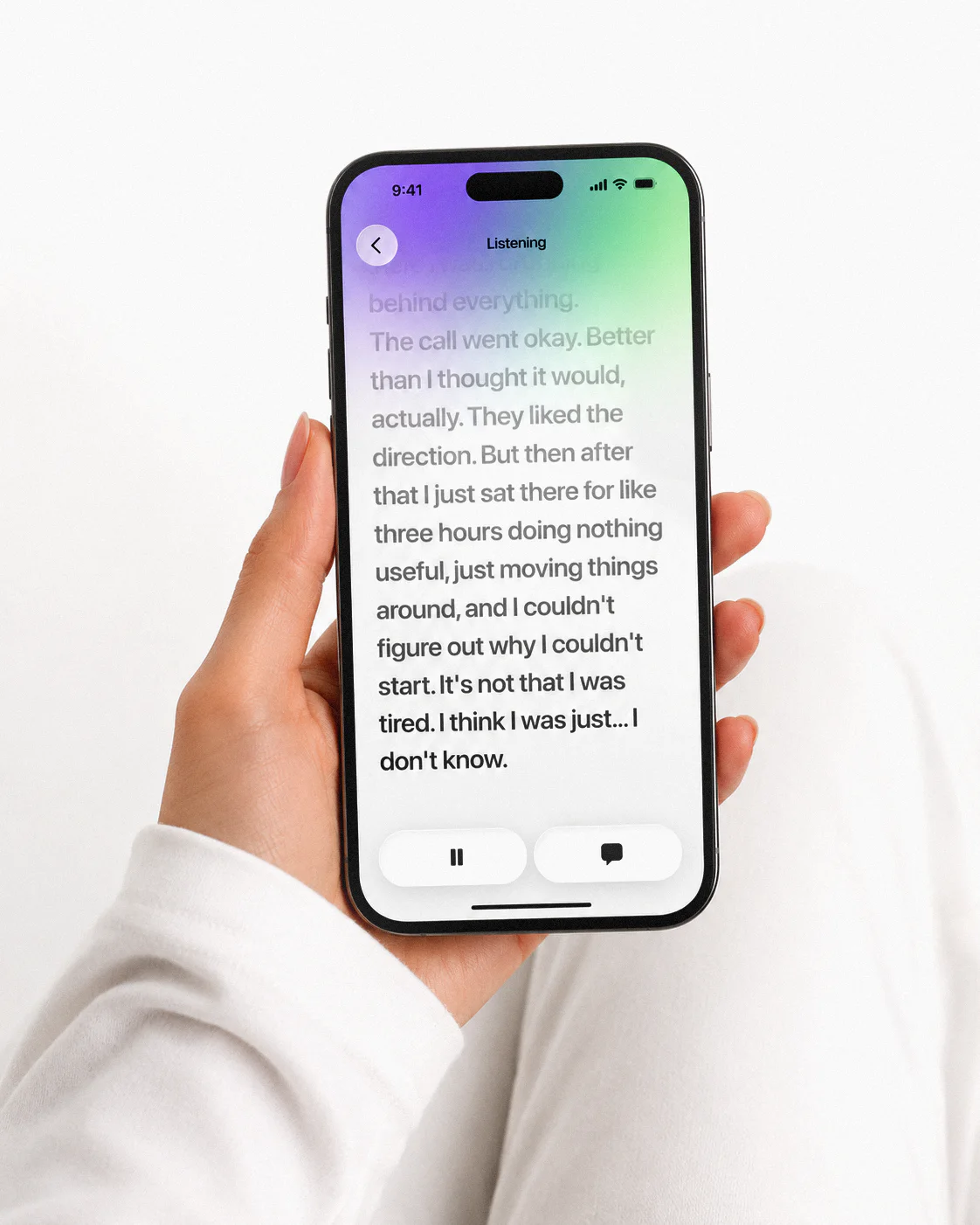 Hands holding a phone with the Pebb app chat open